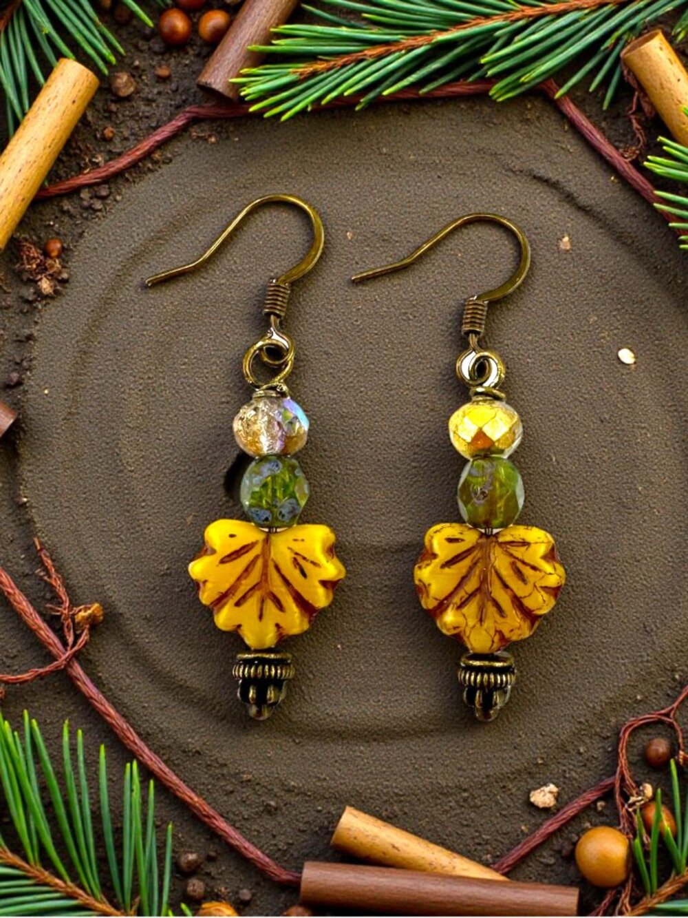 Czech Glass Maple Leaf Earrings Yellow Fall Dangle Copper Boho 2"